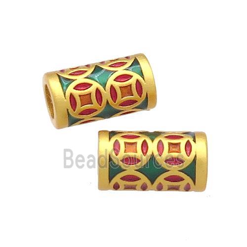 Copper Tube Beads Green Red Cloisonne Large Hole 18K Gold Plated