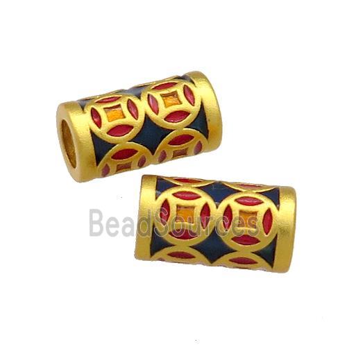 Copper Tube Beads Blue Red Cloisonne Large Hole 18K Gold Plated