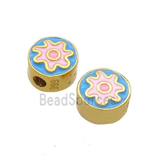 Copper Coin Beads Blue Pink Enamel 18K Gold Plated