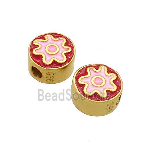 Copper Coin Beads Red Pink Enamel 18K Gold Plated