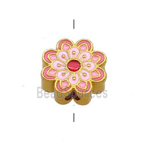 Copper Flower Beads Pink Cloisonne 18K Gold Plated