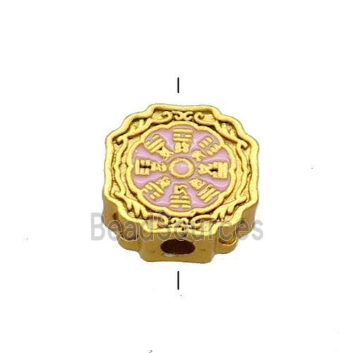 Copper Circle Beads Pink Cloisonne Chinese Eight Diagrams 18K Gold Plated