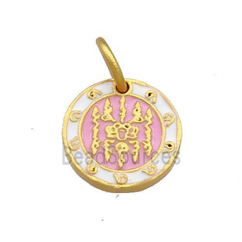 Copper Circle Pendant White Pink Cloisonne Buddhist Zodiac 18K Gold Plated