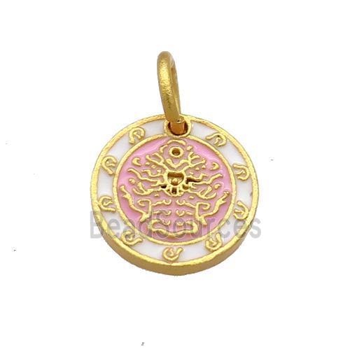 Copper Circle Pendant White Pink Cloisonne Buddhist Zodiac 18K Gold Plated