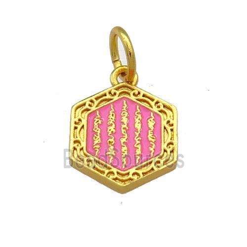 Copper Hexagon Pendant Pink Cloisonne Buddhist 18K Gold Plated