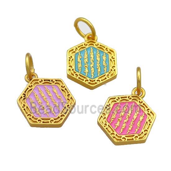 Copper Hexagon Pendant Cloisonne Buddhist 18K Gold Plated Mixed