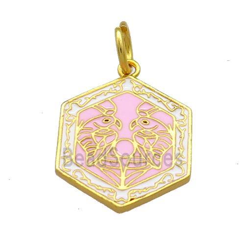 Copper Hexagon Pendant Pink Cloisonne Buddhist 18K Gold Plated