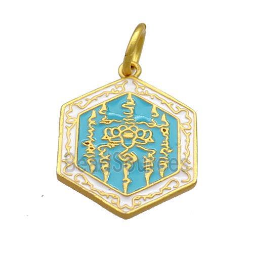 Copper Hexagon Pendant Teal Cloisonne Buddhist 18K Gold Plated