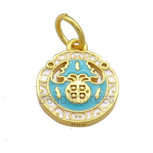 Copper Circle Pendant Teal Cloisonne 18K Gold Plated