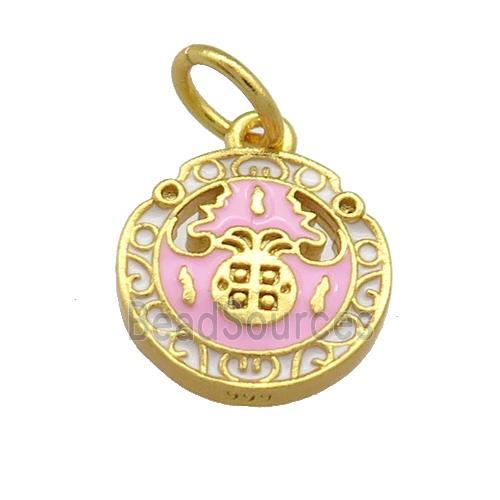 Copper Circle Pendant Pink Cloisonne 18K Gold Plated