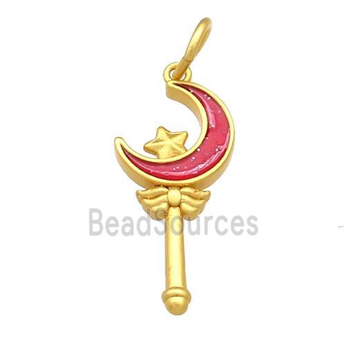 Copper Pendant Star Moon Wand Red Cloisonne 18K Gold Plated