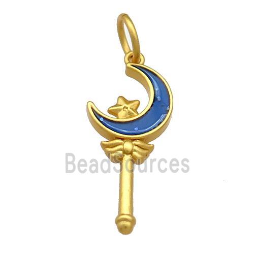 Copper Pendant Star Moon Wand Blue Cloisonne 18K Gold Plated