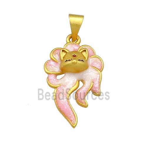 Copper Fox Charms Pendant Pink Cloisoone 18K Gold Plated