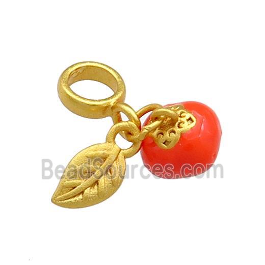 Copper Tomato Charms Pendant Leaf Red Enamel 18K Gold Plated