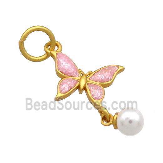 Copper Butterfly Pendant Pave White Pearlized Resin Pink Cloisonne 18K Gold Plated