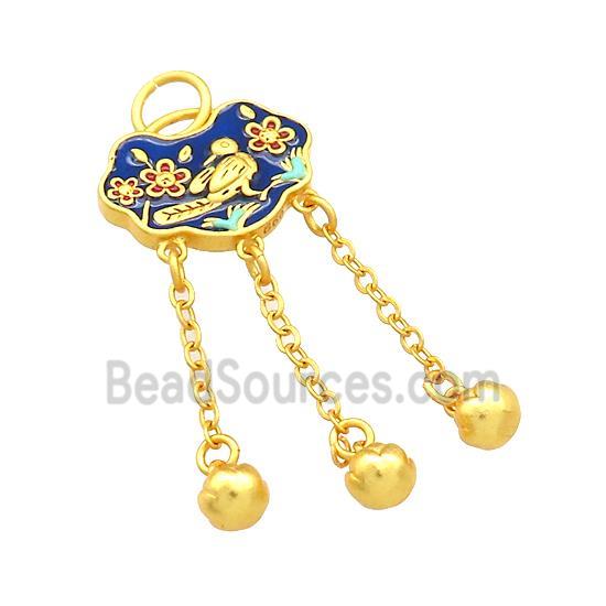 Copper Talisman Pendant Flower Bird Blue Cloisonne 18K Gold Plated