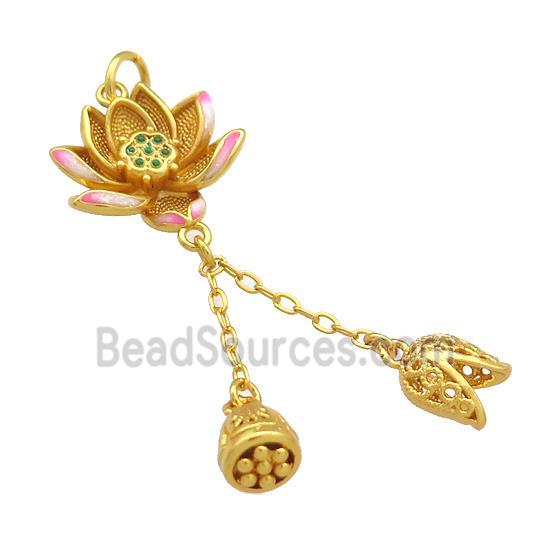 Copper Lotus Flower Pendant Pink Cloisonne Unfade 18K Gold Plated