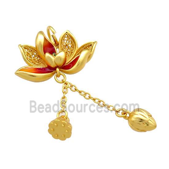 Copper Lotus Flower Pendant Red Cloisonne Unfade 18K Gold Plated