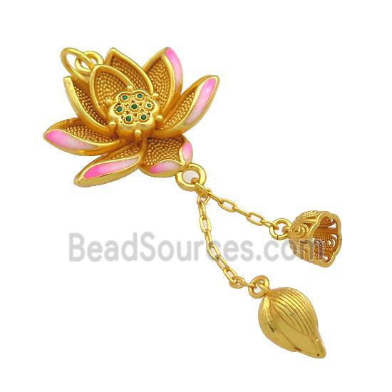 Copper Lotus Flower Pendant Pink Cloisonne Unfade 18K Gold Plated