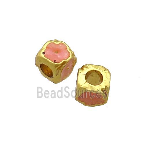 Copper Cube Beads Pink Enamel Large Hole Gold Plated