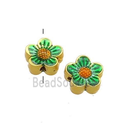 Copper Flower Beads Green Painted Gold Plated