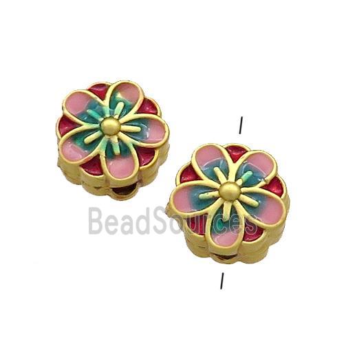 Copper Flower Beads Pink Painted Gold Plated