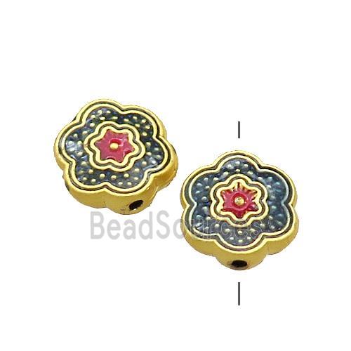 Copper Flower Beads Duckblue Painted Gold Plated