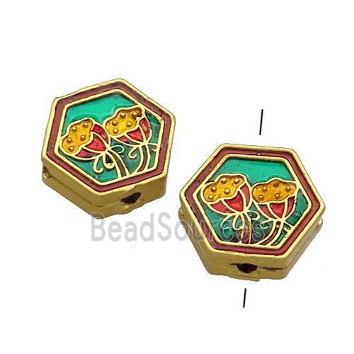 Copper Hexagon Beads Multicolor Painted Flower Gold Plated