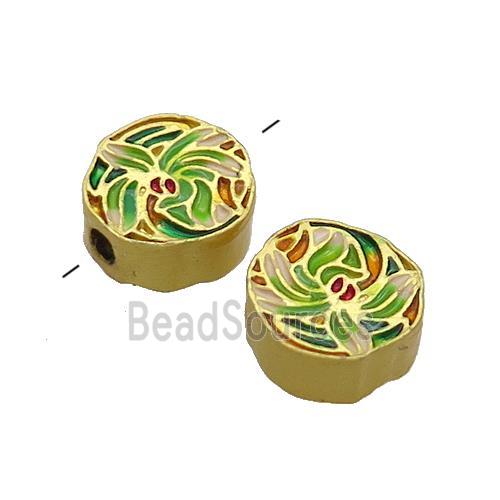 Copper Flower Beads Green Painted Gold Plated