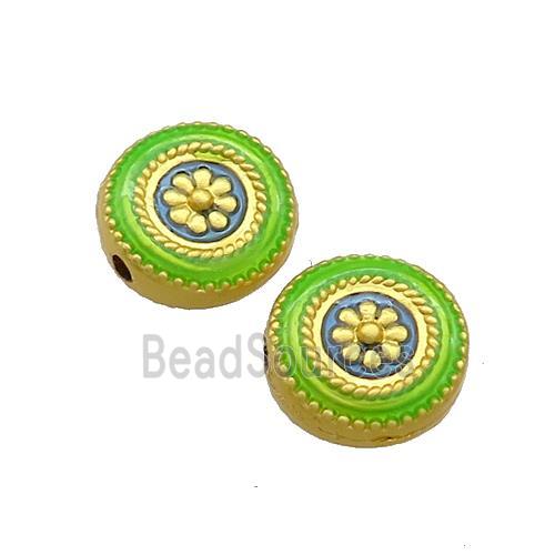 Copper Coin Beads Flower Green Painted Gold Plated