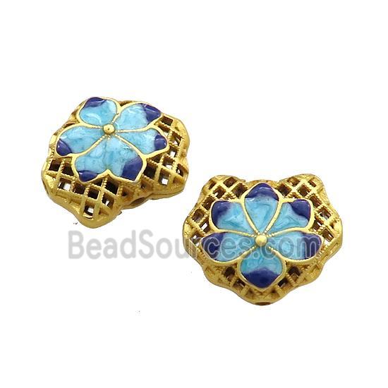 Copper Flower Beads Blue Cloisonne Gold Plated