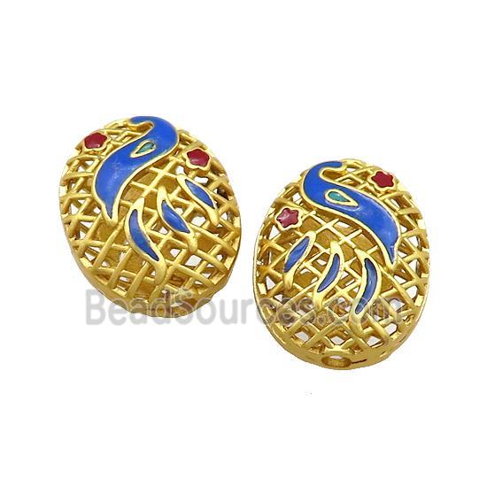 Copper Oval Beads Blue Painted Hollow Gold Plated