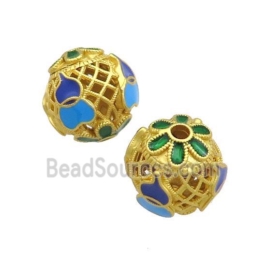 Copper Round Beads Multicolor Painted Hollow Gold Plated