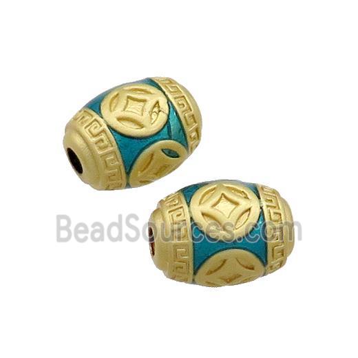 Copper Barrel Beads Blue Painted Gold Plated