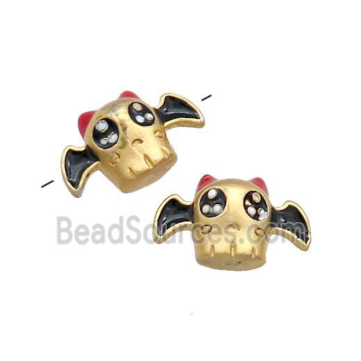 Copper Bat Charms Beads Halloween Black Enamel Large Hole Gold Plated