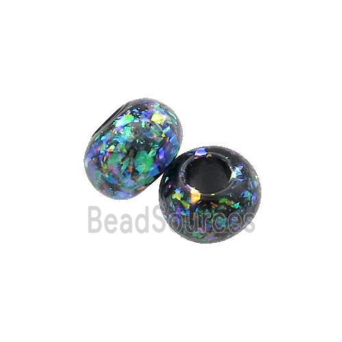 Black Resin Rondelle Beads Pave Rainbow Fire Opal Large Hole Smooth