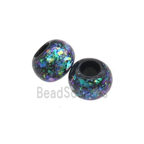 Black Resin Rondelle Beads Pave Rainbow Fire Opal Large Hole Smooth