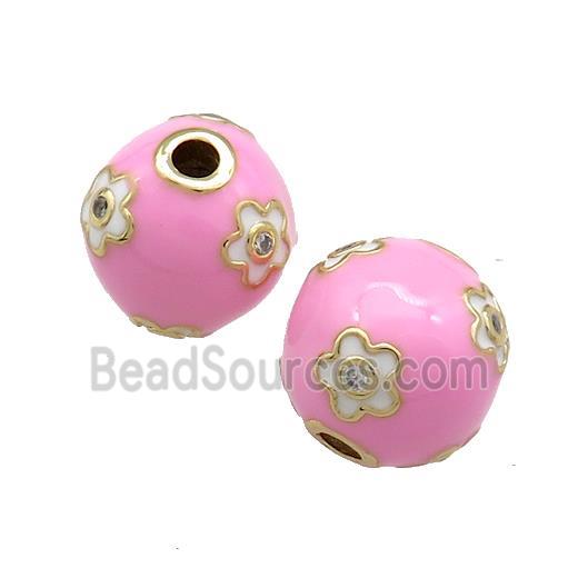 Copper Round Beads Pave Zircon Pink Enamel 18K Gold Plated