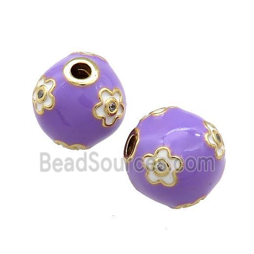 Copper Round Beads Pave Zircon Purple Enamel 18K Gold Plated