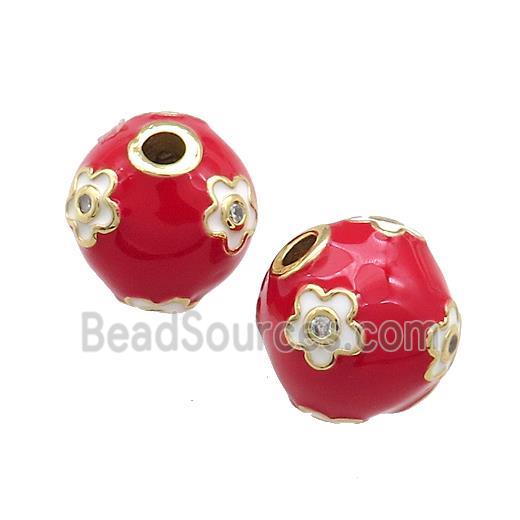 Copper Round Beads Pave Zircon Red Enamel 18K Gold Plated