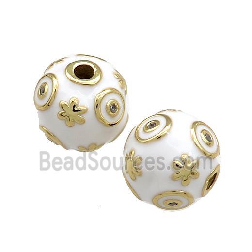 Copper Round Beads Pave Zircon White Enamel 18K Gold Plated