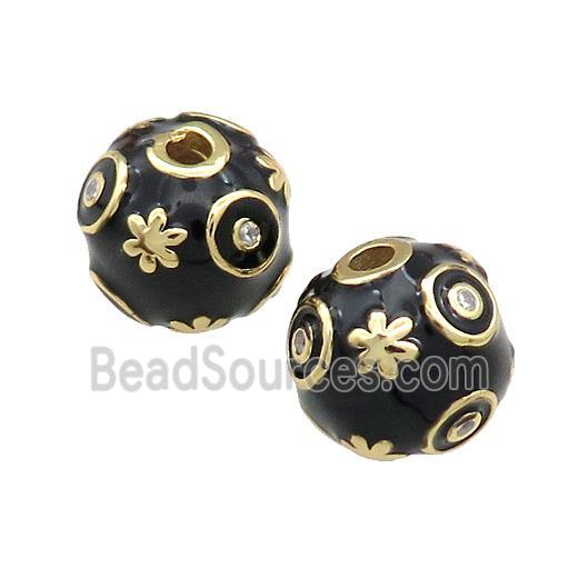 Copper Round Beads Pave Zircon Black Enamel 18K Gold Plated