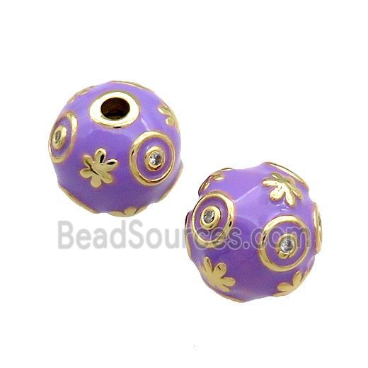 Copper Round Beads Pave Zircon Purple Enamel 18K Gold Plated