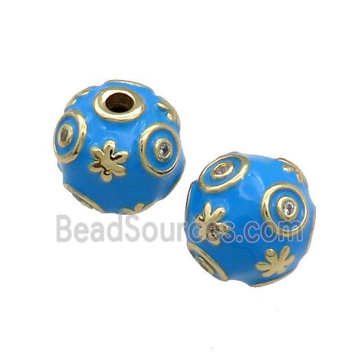 Copper Round Beads Pave Zircon Blue Enamel 18K Gold Plated