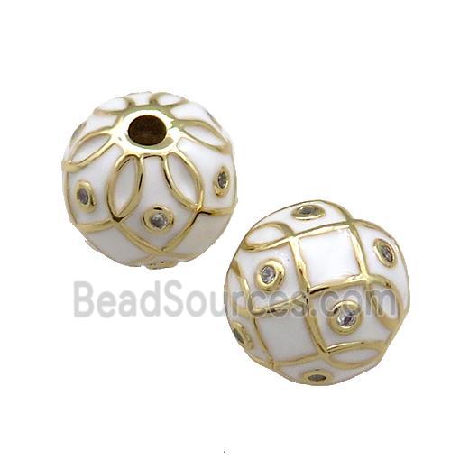 Copper Round Beads Pave Zircon White Enamel 18K Gold Plated