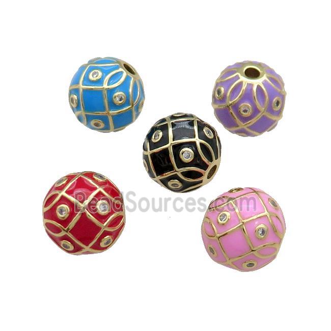 Copper Round Beads Pave Zircon Enamel 18K Gold Plated Mixed Color