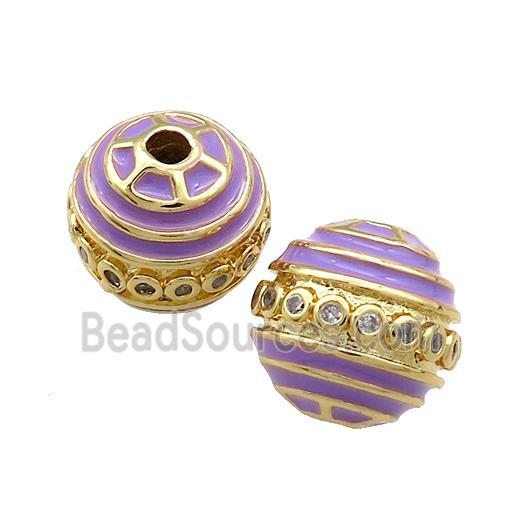 Copper Round Beads Pave Zircon Purple Enamel 18K Gold Plated