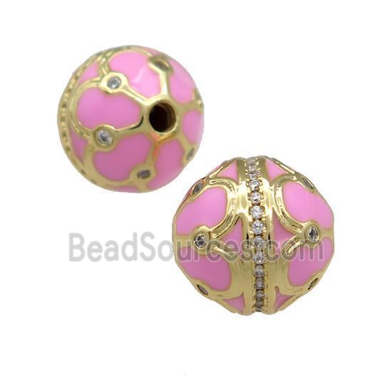 Copper Round Beads Pave Zircon Pink Enamel 18K Gold Plated