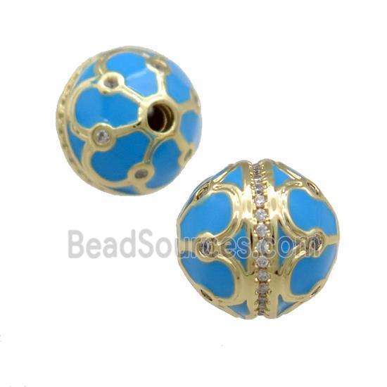 Copper Round Beads Pave Zircon Blue Enamel 18K Gold Plated