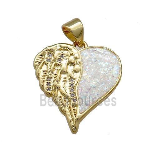 Copper Heart Pendant Pave Fire Opal Zircon Angel Wings 18K Gold